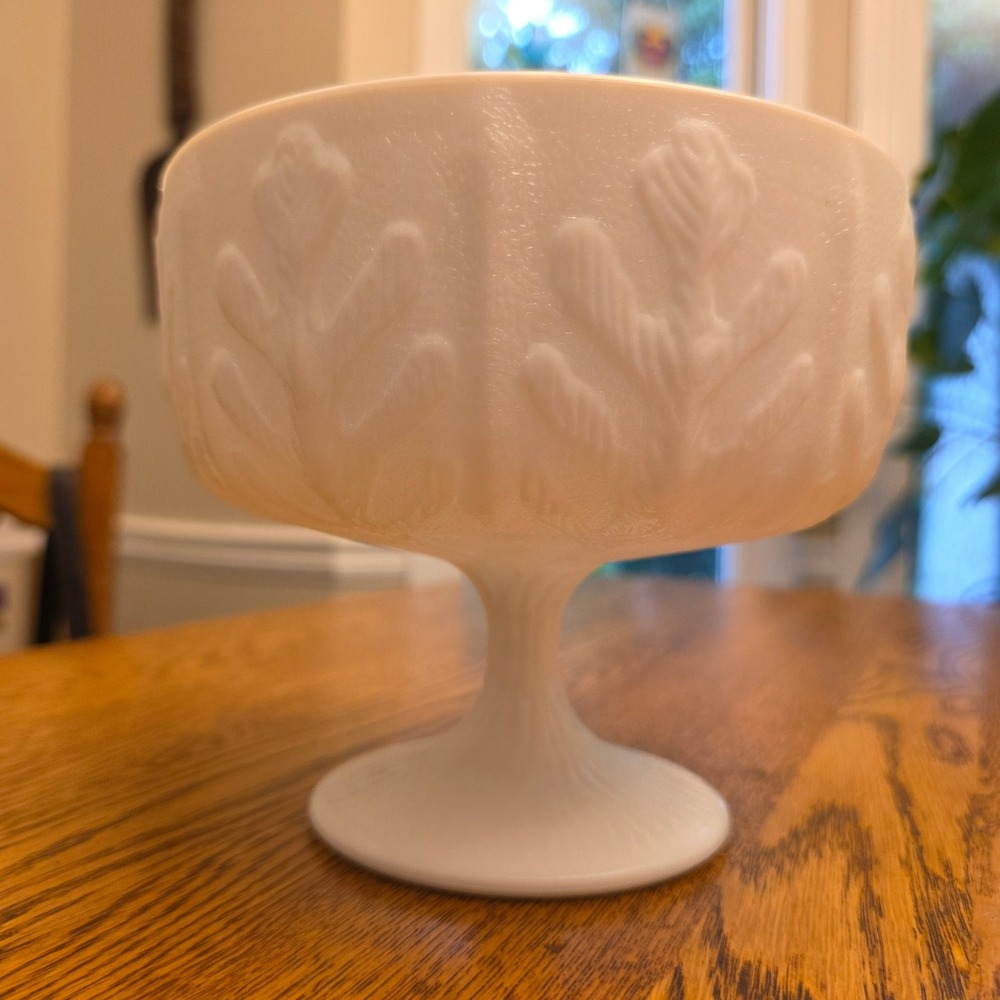 Vintage 1975 FTD Milk Glass Pedestal Bowl Oak Leaf Acorn Embossed Footed Compote